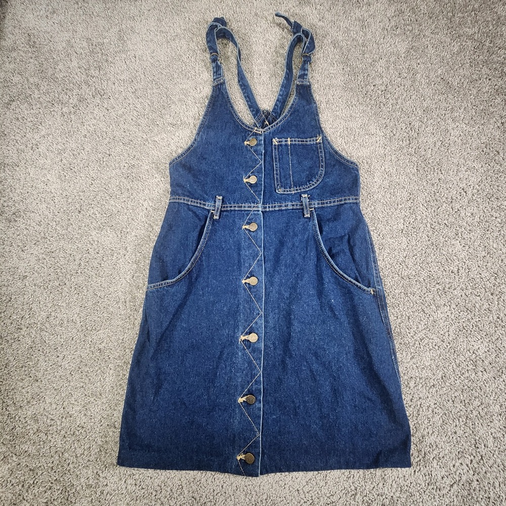 VTG Lee Denim Overall Dress Sz Medium 7/8 Dark Wash Button Front Bib USA 70s 80s - Picture 2 of 13